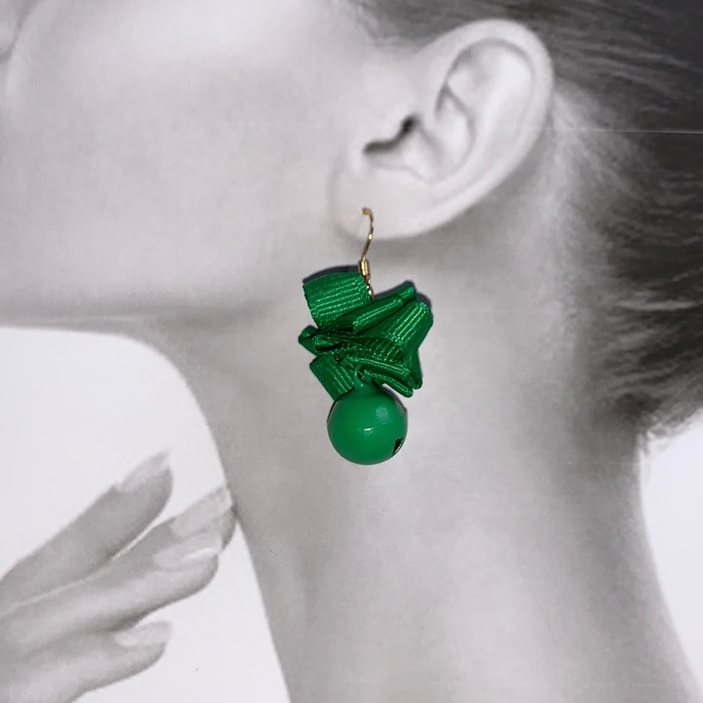 New Green Ribbon and Bell Dangling Earrings on Gold Tone Fishhook st. Patrick’s